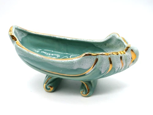 VTG 1960's Haeger USA Pottery Shell Shape Planter 24KT accents Turquoise Blue