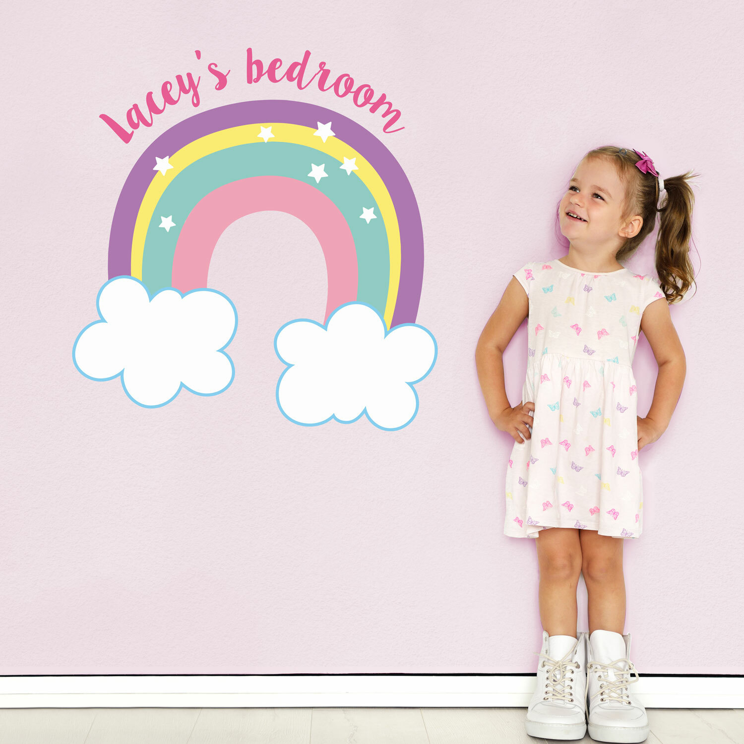 Pegatina de pared personalizada arco iris y nubes | decoración de habitación para niñas | calcomanías de pared