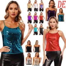 DE Damen Glitzer Crop Top Ärmellos Glänzend Tanzshirt Pailletten Tanz Oberteil