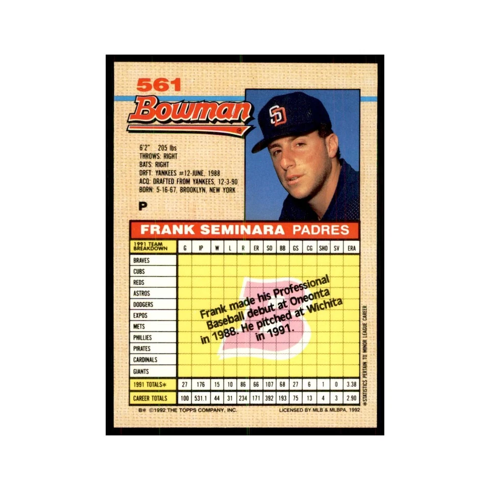 1992 Bowman Frank Seminara Baseball Cards #561 - Image 2 of 3