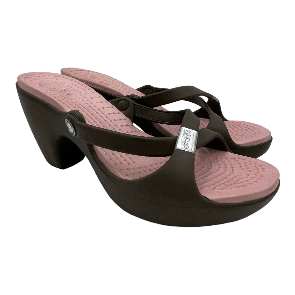 Crocs Cyprus Slip on Heel Sandals Comfort Chocolate Brown Cotton Candy Pink  W10