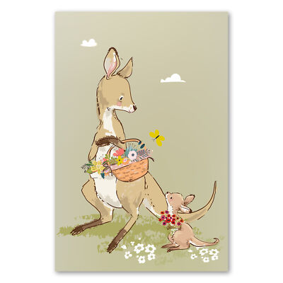 Postereck 3990 Poster Leinwand Kinderzimmer, Mutter Kind Känguru Tier Blumen
