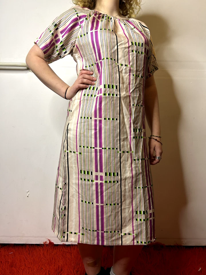 Vestido ajustado vintage años 70 escote recogido manga corta estampado geométrico AU 14 Foto 3 de 4