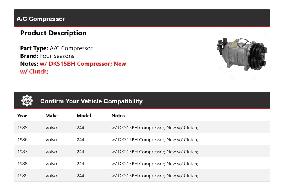 For 1985-1989 Volvo 244 A/C Compressor 4 Seasons 1986 1987 1988 - Image 2 of 4