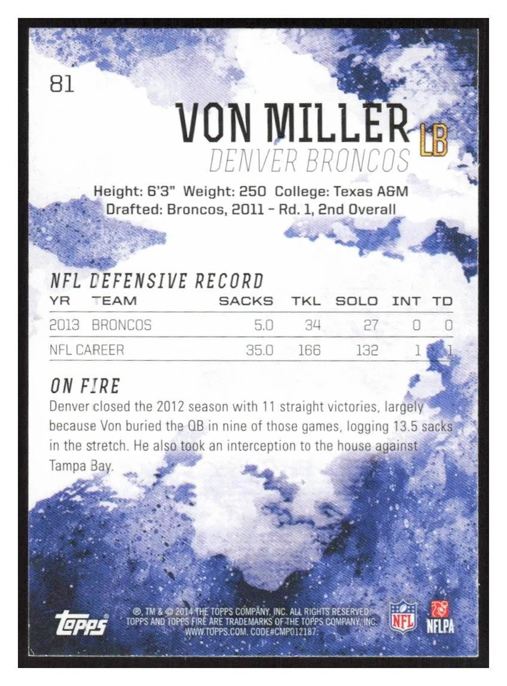 2014 Topps Fire #81 Von Miller - Denver Broncos - Image 2 of 2