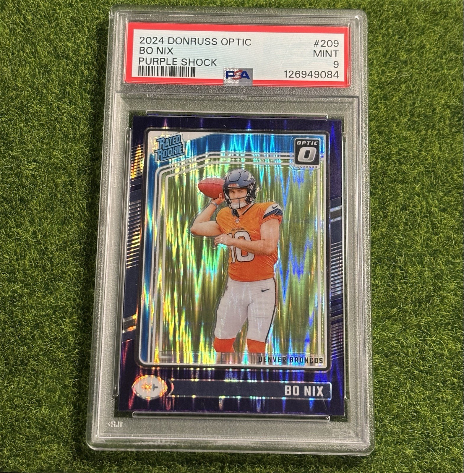 Panini 2024 Donruss Optic Rated Rookie Bo Nix #209 Purple Shock Prizm RC PSA 9