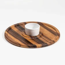 Large Acacia Wood Chip And Dip Serving Tray With Ceramic Bowl Dishwasher Safe