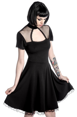 KILLSTAR Draculana Skater Dress Med Black Lace Trim Cutout High Neck Gothic Mini