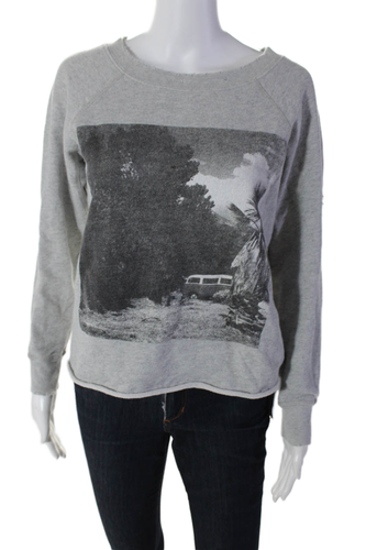 NSF Women's Round Neck Long Sleeves Distress Graphic Sweatshirt Gray Size P