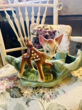Vintage USA Pottery Deer Fawn Planter Drip Gl...