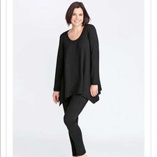 FLAX IN MOTION Black Long Sleeve Tunic Top Asymmetrical Hem Made in USA Large