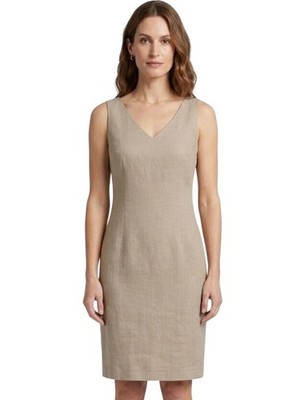 Bloomingdale's Tan Linen Blend V Neck Sleeveless Sheath Dress Size 8 | eBay