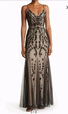 Marina Beaded V Neck Gown Women's Size XL Black Nude Black Tie Formal Dress