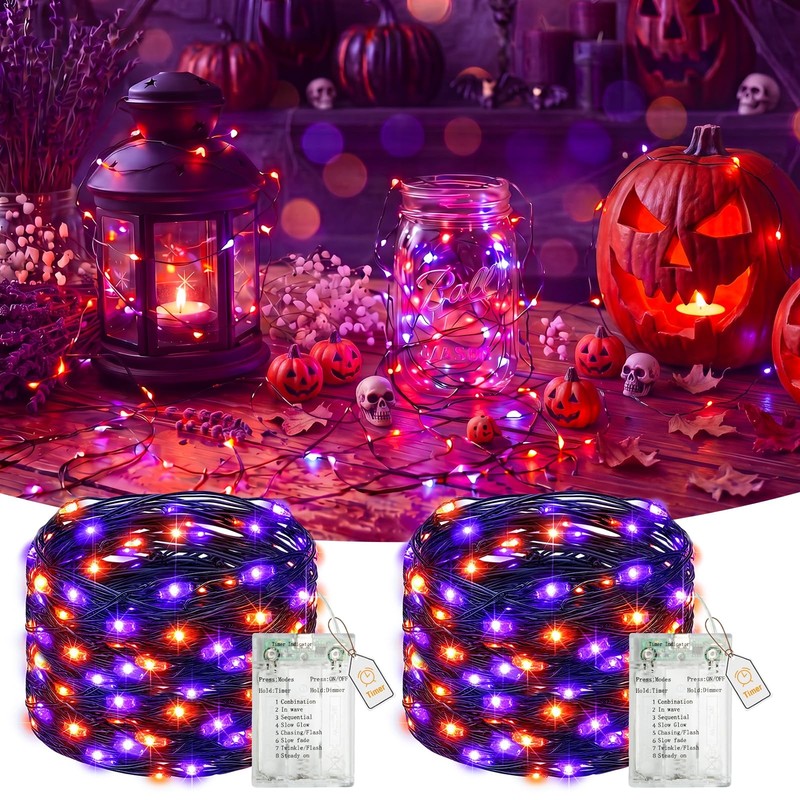 btfarm 2 Pack Halloween Fairy Lights Battery Operated 2 Pack, Orange Purple