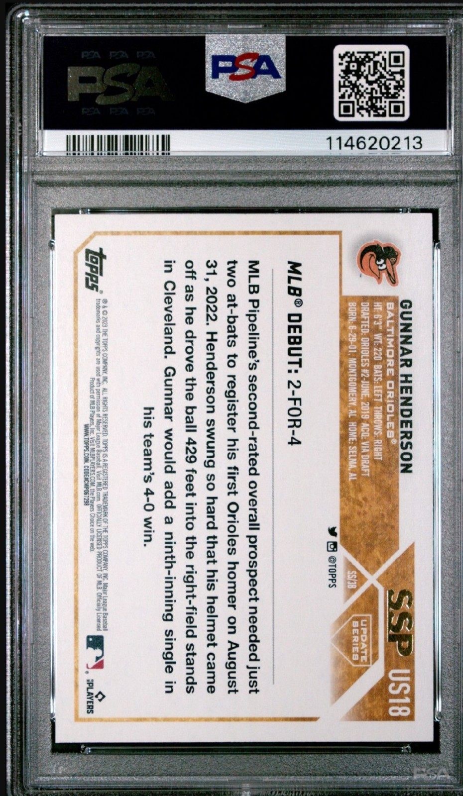 2023 TOPPS UPDATE SSP #US18 GUNNAR HENDERSON Rookie Debut PSA 10 Golden Mirror view 2