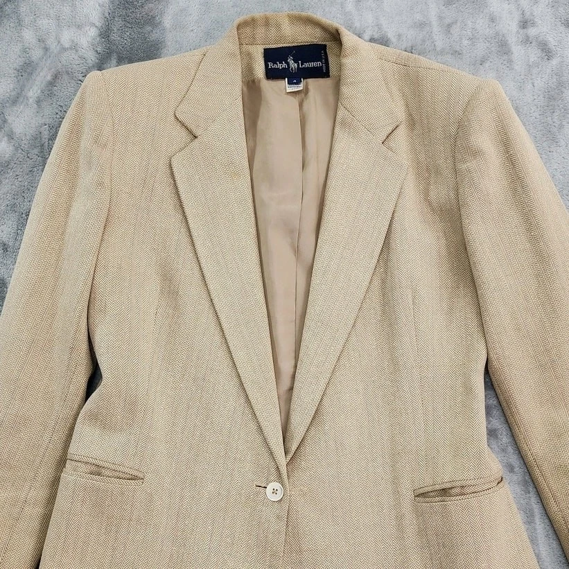 Vintage 80s Ralph Lauren Blazer Womens 4 Tan Silk Blend Twill Herringbone Preppy - Image 2 of 4