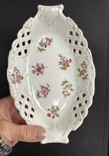 Vintage Oval Reticular Serving  Dish Open Lace Porcelain Floral Bowl