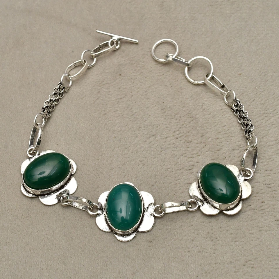 Brazalete de joyería hecha a mano de plata de ley 925 con piedras preciosas de ónix verde 7-8" Foto 3 de 4
