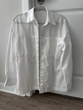 Commense Women's Cotton Linen Button Up Oversized Shirt Top White M Long Sleeve