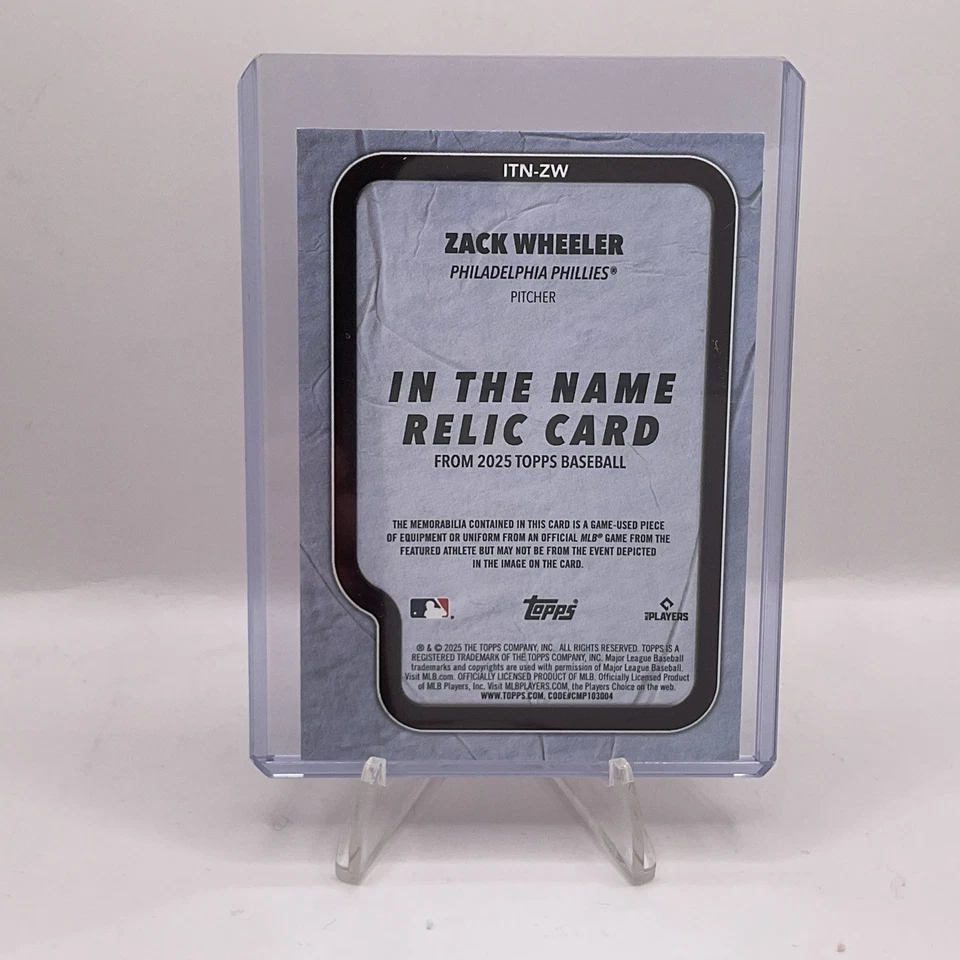 Tarjeta reliquia parche Phillies 2025 Topps Zack Wheeler 1/1 usado en juegos rara Foto 2 de 2