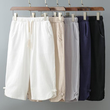 Cotton Linen Shorts Men's Summer Elastic Waisted Lightweight Casual Beach Shorts