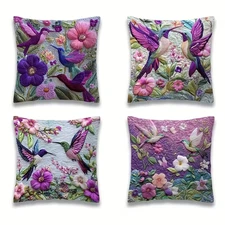 2D 4pc Embroidered Hummingbird & Floral Throw Pillow Covers 17.7x17.7