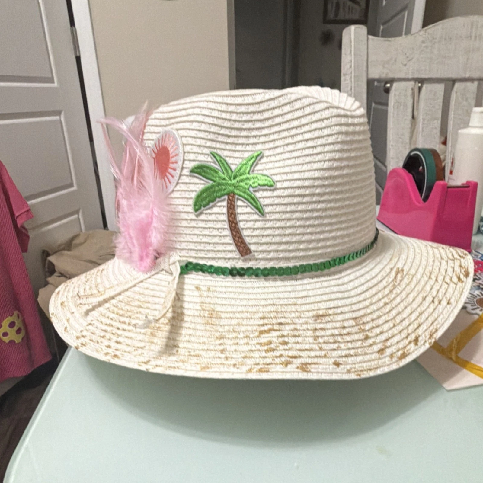 HAT White Straw Sun Hat with Palm Tree Patch, Feather Accent,
Opens in a new window or tab