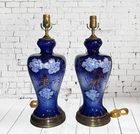 PAIR OF COBALT BLUE GOLD LINED PORCELAIN BRASS FLORAL TABLE LAMPS JAPAN?