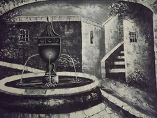 paesaggio urbano bianco e nero grande dipinto olio tela strada europea mediterranea