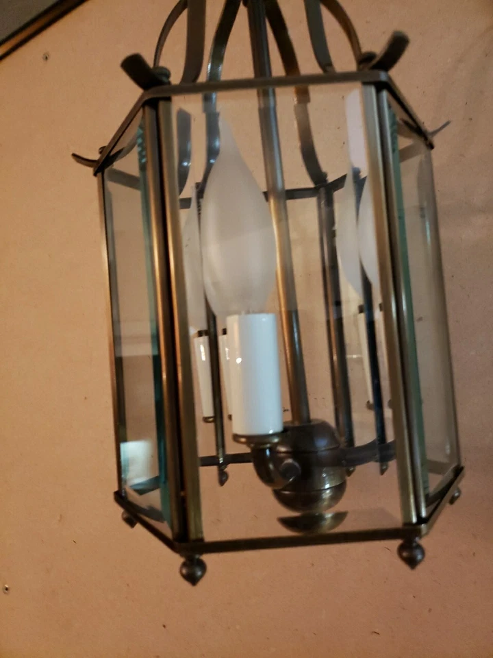 Hinkley Lighting Brass Lantern Ceiling 3 Bulb Foyer Light Pendant 6 Glass Panel - Image 2 of 3