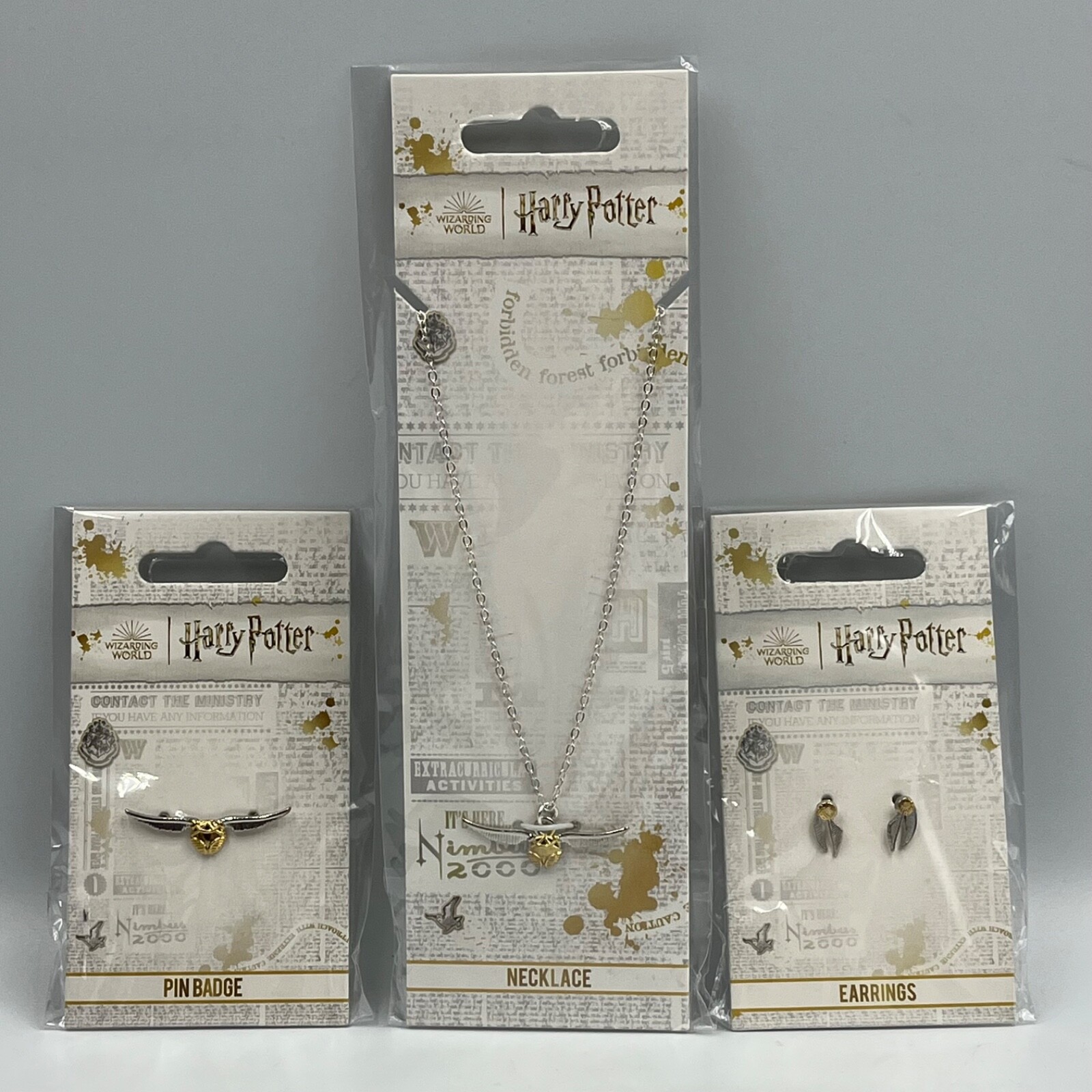 Harry Potter Golden Snitch Necklace Earrings Pin Set