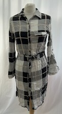 Shirt Dress Size S Grey Check Long Roll Tab Sleeve Collar Short Polyester Womens