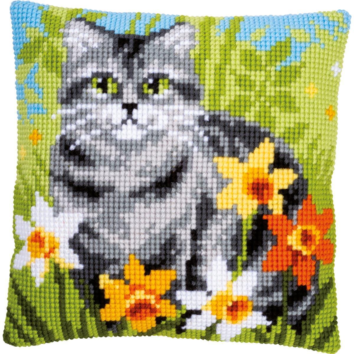 Vervaco stamped cross stitch kit cushion ""Katze zwischen Blumen"", 40x40cm, DIY