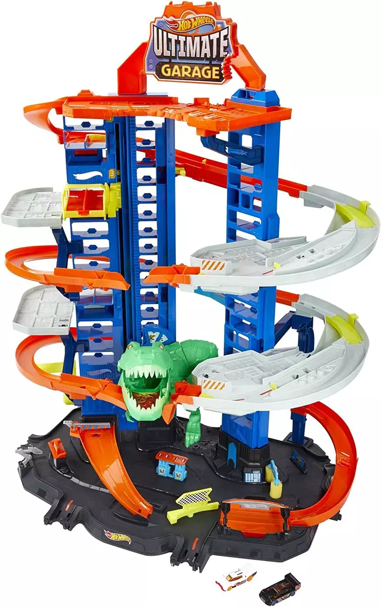 Track Set Ultimate Garage Toy Vehicle Playset With Moving T Rex Dinosaur  Storage