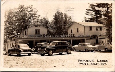 Normandie Lodge Wasaga Beach Postcard Ontario Canada RPPC Antique Cars Trees