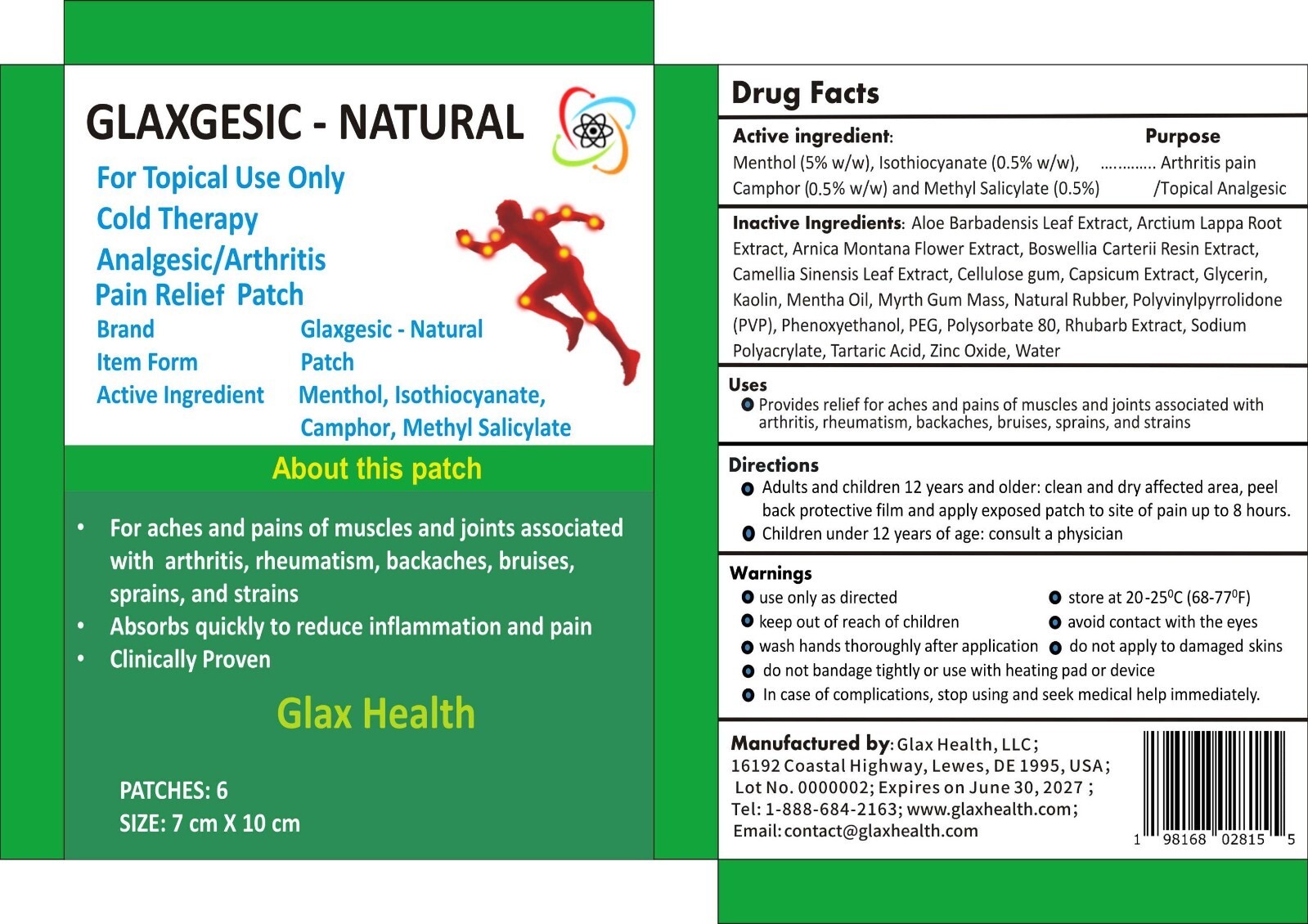 GLAXGESIC-NATURAL Analgesic/Arthritis Pain Relief Patch 2 Boxes (6 ...