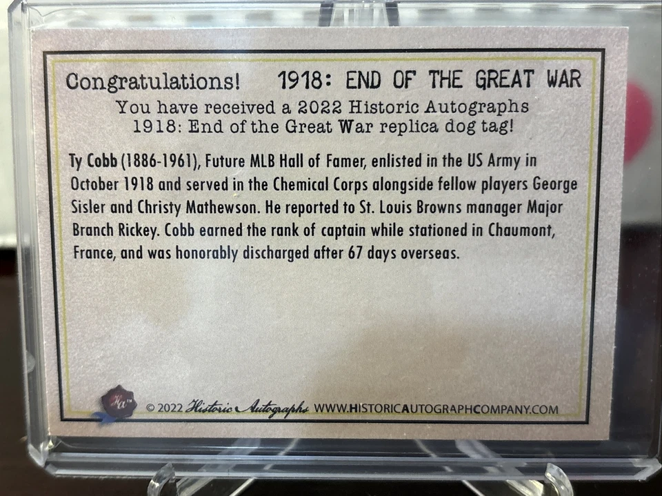 TY COBB 2022 Historical Autographs 1918 End of the Great War Dog Tag #/49 Tigers - Image 4 of 4