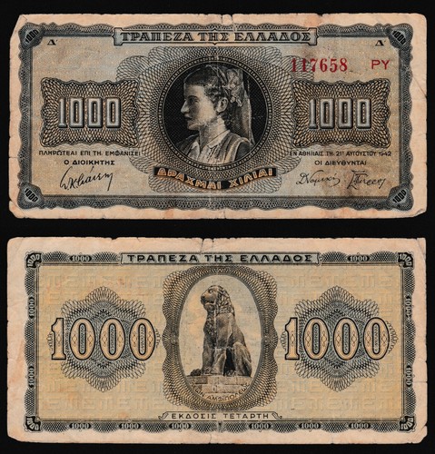 Greece 1000 drachmae 1942.08.21. Woman Lion P118b Suffix PY Large Serial aF