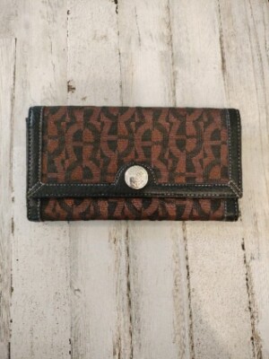 Etienne Aigner Brown Cloth Signature Logo Trifold Wallet, Check