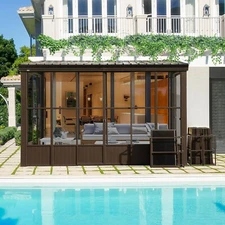 Domi 8x12FT Wall-Mounted Sunroom Gazebo, Steel Roof, Moveable PC Screen, Patio