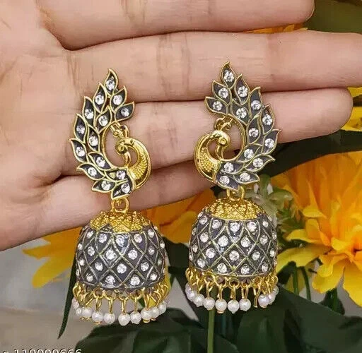 Pendientes Gris Bollywood India Paquistaní Joyería Tradicional Jhumka Mujer Foto 2 de 4