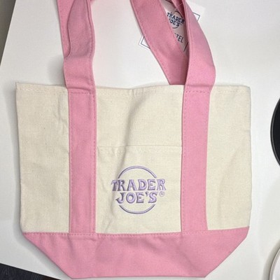 Trader Joe's Mini Pastel Canvas Tote Bag, Pink/Beige, Reusable, 16x12x4''