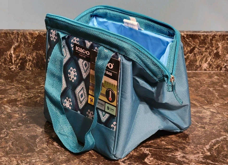 Igloo 9 Can Cooler Bag Lunch Tote Insulated Zip Closure Teal Pattern - Image 4 of 4
