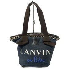 Auth LANVIN en Bleu Navy Dark Brown Multi Denim Leather Tote Bag