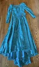 Vintage Lace Over Satin 1980s Teal Blue Prom Dress Formal Bridesmaids Size 7/8