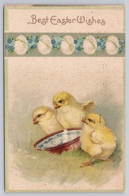 Vintage 1908 Easter Postcard with Three Yellow Chicks & Eggs