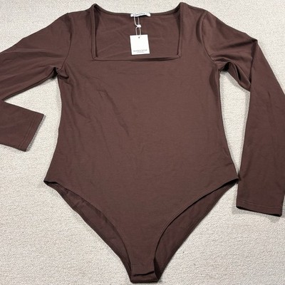 Mango Pop Long Sleeve Body Suit Women Large Brown Square Neck Stretch Work NWT