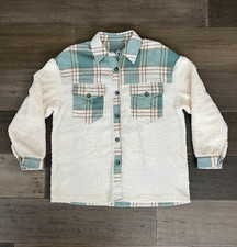 Women Fuzzy Sherpa Fleece Teddy Jacket Button Collar Plaid Plush Sz M w/Pockets
