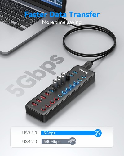 Powered USB 3.0 Hub, 11-Port Hub Splitter (7 Faster Data Transfer Ports+ 4 Sm... - Imagen 4 de 7