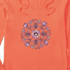 NWT Women's Life Is Good Floral Bee Mandala Orange LS Crusher LITE Hooded Tee